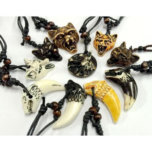Free Shipping 20 NECKLACE Wax Cord Resin Tribal Imitative Carved Wolf Head Biker Jewelry