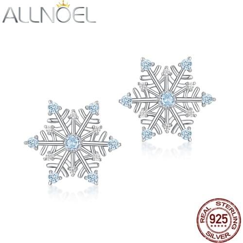 ALLNOEL Snowflake Earrings For Women Blue Spinel Solid 925 Sterling Silver Stud Earrings Christmas Gift For Friend New Arrivials