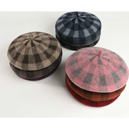 9 Color High Quality Female Korean Fashion Wild Comfortable Retro Lattice Student Simple Keep Warm Pumpkin Hat Women Wool Berets