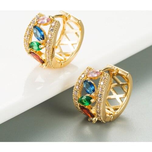 Bohemia Colorful Rainbow Hoop Earrings Dazzling Multicolor Crystal Huggies Ethnic Charming Hollow Hoops Geometric Earring Gifts