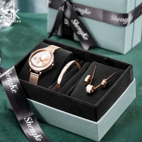 Shengke New Watches Set With Luxury Bracelet Earrings Necklace Accessories High Quality Women Watches Gift For Love Anniversary