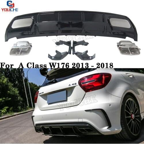 A45 Black Rear Diffuser + 4-outlet Exhaust Tips End Pipes for Mercedes A Class W176 2013 + A180 A200 A250 with AMG Package
