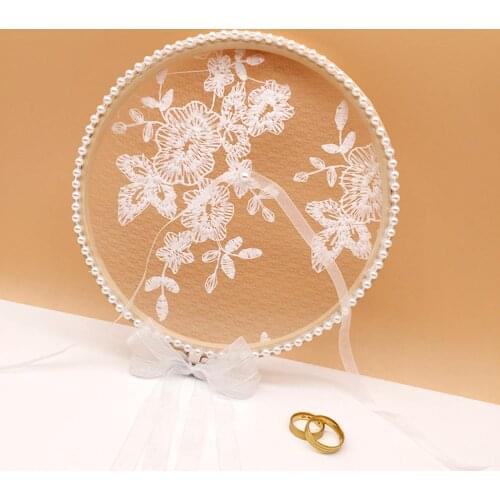 1pc Wedding Decor Wood Lace Ring Holder Party Decoration Anniversary Proposal Rings Pillow Cushion with Pearls Embroidery Flower