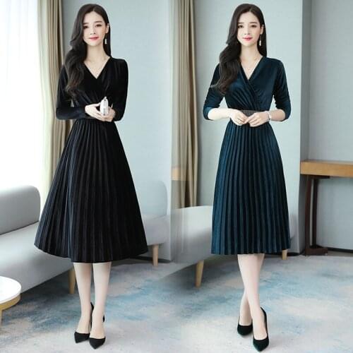 Elegant Vestidos Mujer High Waist Long Sleeve Temperament Autumn New Mid-length Dress V-neck Gold Velvet Popular Dresses Z664