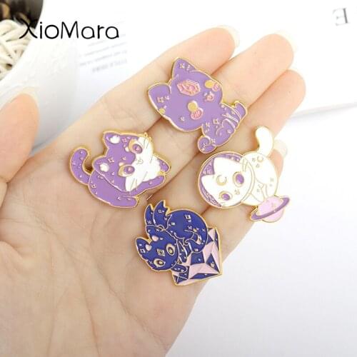 Purple Cat Enamel Pins Witch Hat and Crystal Moon Witchy Badges Magic Kitty Jewelry Brooches Cartoon Cute Gifts For Women
