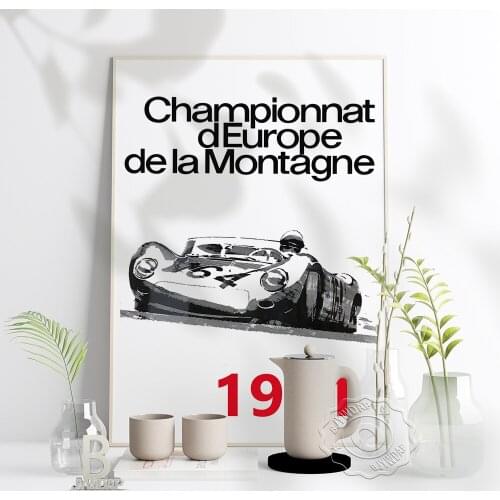 French 1961 Motor Racing Poster, Championnat Deurope De La Montagne Canvas Painting, Vintage Black And White Racing Home Decor