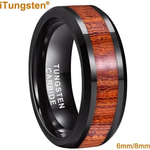 Men 8mm Black Tungsten Carbide Wedding Engagement Ring Polished Beveled Edges Natural Real Wood Inlay Comfort Fit