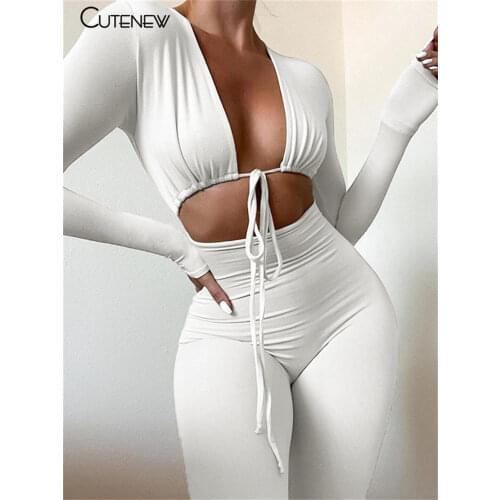 Cutenew Sexy Hollow Out V-Neck Long Sleeve Lace Up Bodycon Jumpsuit Women Summer Solid Casual One Piece Outfits Female Jumpsuit