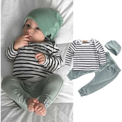 Newborn Baby Boy Infant Striped Long Sleeve Tops Pants Hat 3pcs Outfits Set Causal Clothing 3pcs