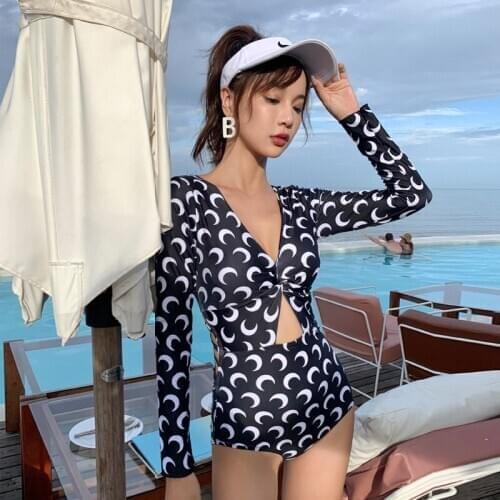 Rashguard Swimwear Women Long Sleeve Bathing Suit Rash Guard Swimsuit Korea New Moon Back Sexy Push Uping Print Spandex