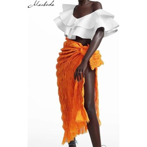 Macheda Summer Fashion Solid Long Skirt Women Sexy Lace Up High Waist Folds Street Casual High Split Lady Orange Skirt 2021 New