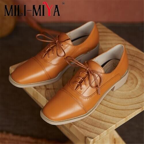 MILI-MIYA Casual Design Women Cow Leather Lace Up Pumps Low Thick Heels Comfortable Street Office Career Shoes Plus Size 34-48
