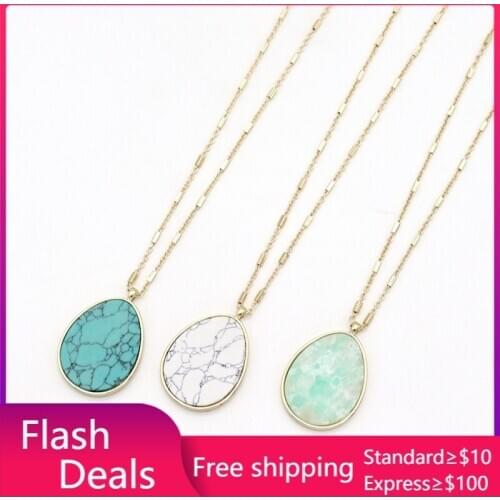 Fashion Waterdrop Natural Stone Pendant Gold Metal Long Chain Sweater Necklace Geometric Body Jewelry