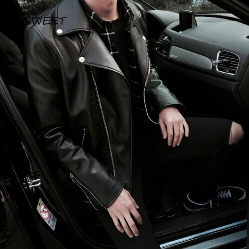 Autumn Solid Color Sleeve Faux Leather Men Korean Zipper Lapel Locomotive Black Jacket Man