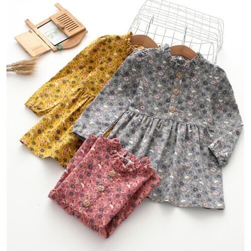 Baby Girls Dress, Flower Print Lace Half High Collar Long Sleeve Button Ruffle Dress Spring Autumn Floral Vestidos 2021 New