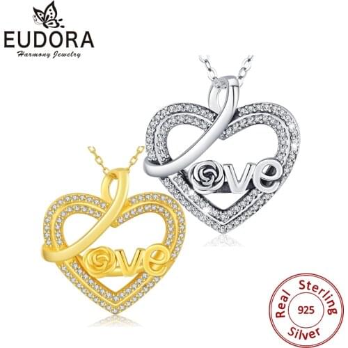 Eudora 925 Sterling Silver Love Letter heart clean CZ Pendant Necklaces For Women Fine Jewelry Christmas Valentines Day Gift