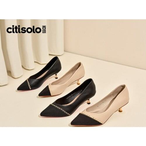 Q1888A Xisong Autumn Elegant Temperament Stitching Middle Heel Shallow Shoes Womens Shoes