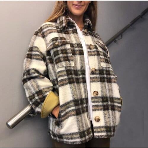 Woolen Plaid Coat Women Short Jacket Women Top Clothing 2021 Autumn /winter New Loose Double Pockets Wool