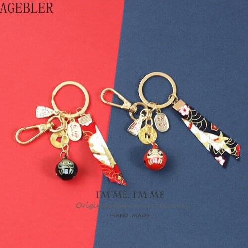 Cute Ceramics Dharma pendant Lucky Kawaii Japanese style bell key chain blessing gift Car Bag Pendent Mobile Accessories Women