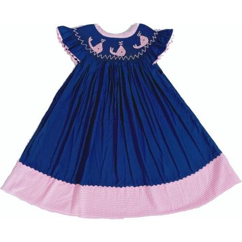 Dark blue stripe Whale design -smocked bishop dress Handmade Style
