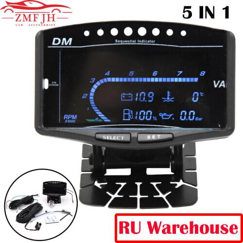 Universal Truck Car LCD 5 In 1 Digital Gauge Tachometer Oil Pressure Sensor Volt Voltmeter Water Temperature Fuel Gauge 12V/24V
