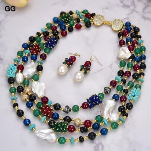 GuaiGuai Jewelry 4Strands White Keshi Pearl Agate Jade Turquoise Gems Stone Cz Necklace Earrings Set