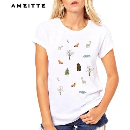 AMEITTE 2019 Summer Tops Cute Forest Animals Print T Shirts Base O-Neck Short Sleeve Women T shirt All-match White Tee Shirt