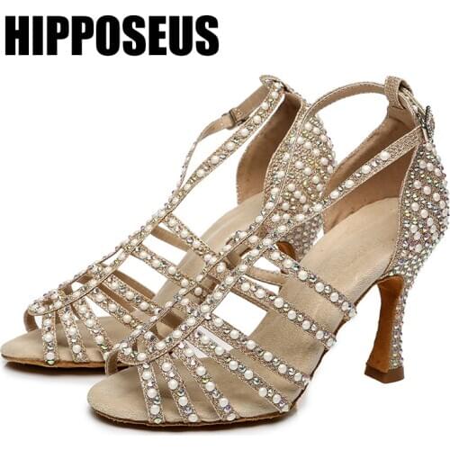 Hipposeus Girls Dance-Shoes for Women Ladies Ballroom Latin Modern Tango Dancing Shoes With Rhinestone Dance Shoes Salsa Sandral