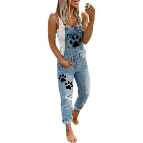 Womens Summer 2021 fashion vintage all-around denim overalls with print washed holes in denim overalls and trousers y2k