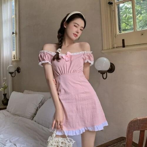 Off Shoulder New Woman Dress Bow Slash Neck Summer Pink A-line Short Dresses Korean Clothes Fashion Female Prairie Chic