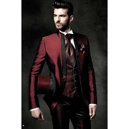 2021 New One Button Dark Red Groom Tuxedos Groomsmen Mens Wedding Suits Prom Bridegroom (Jacket+Pants+Vest+Tie)