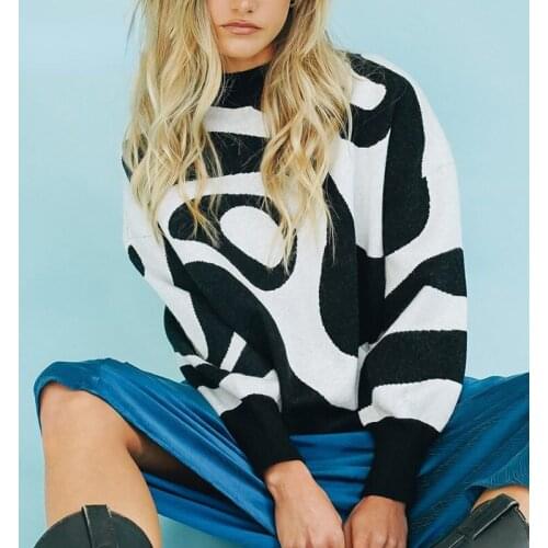 2021 Warm Black Turtleneck Oversized Sweater Women Knitted Loose Vintage Winter Autumn Pullover Stripes Print Sweaters for Women