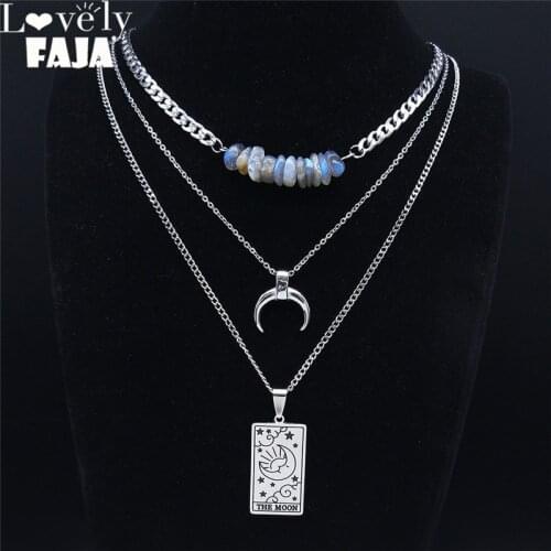 3pcs The Moon Stainless Steel Flash Stone Necklaces Silver Color Tarot Star Layered Necklace Jewelry cadenas mujer NXS03