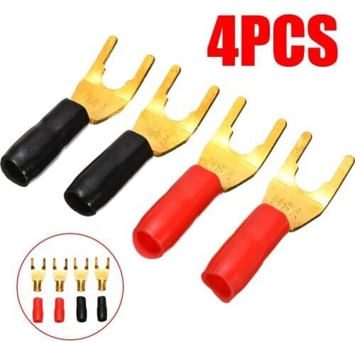4pcs Red+Black Plated Spade Fork Y Banana Plug High Quality Solderless Speaker Fit for 3-4mm Wire Size Cables Connectors