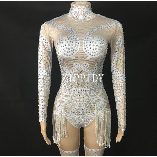Flashing Silver Rhinestones Tassel Stretch Jumpsuit Female Singer Dance Show Womens Birthday Party Wear Sexy Printed Bodysuits