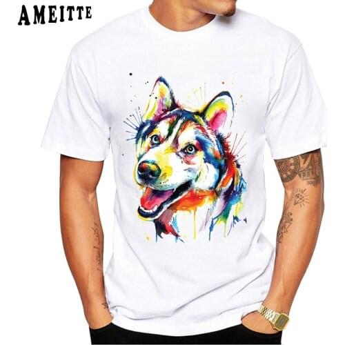 Cartoon Husky Print T-Shirt Fashion Men Short Sleeve Funny Siberian Husky Dog Lovers Design Hipster Tops Cool Man White Tees