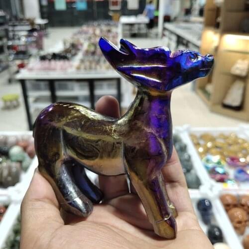 Angel Aura Stone Deer Rainbow Electroplating Crystal Good Carved Reiki Healing Home Decoration Random