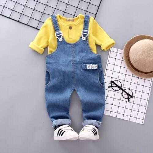 Korean Fashion Baby Girl Clothes Set 2 Pieces Cotton Solid Long Sleeve Sweater Tops+suspender Jeans Cool Baby Boy Clothes 0-24M
