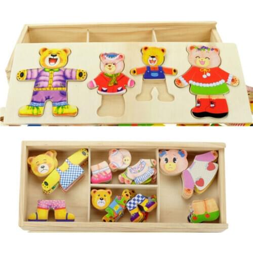Cute Four Bears Dress Up Wooden Game Childrens Puzzle Early Education Hand-dressing Pairing Jigsaw Puzzle Toy
