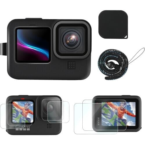 Accessories Kit for GoPro Hero 9 Action Camera Silicone Rubber Protective Case with 2 Packs Tempered Glass Screen Protector