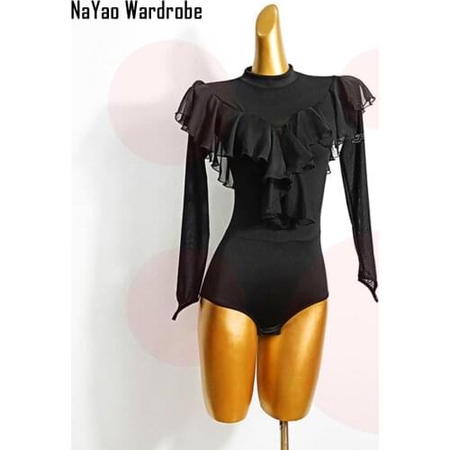 2020 New Latin Dance Dress Tops Women Lotus Shoulder Latin Dancing Clothes Belly Ballroom Tango Dresses T061