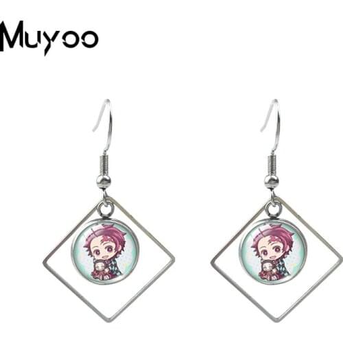 New Anime Demon Slayer Kimetsu No Yaiba Characters Jewelry Glass Cabochon Handcraft Rhombus Fish Hook Earrings