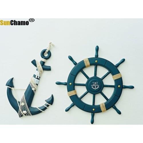 Mediterranean Style Pilot Rudder Blue Anchor Rudder Set 62 CM Rudder Wooden Crafts Home Decoration Ornaments