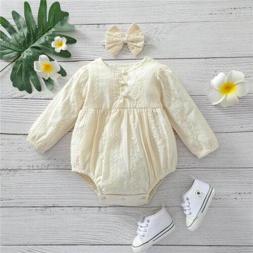 Baby Girls Casual Long Sleeve Romper Fashion Solid Color Jacquard Jumpsuits and Headband