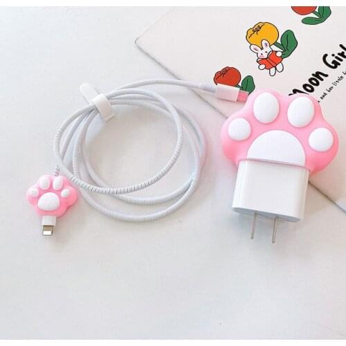 Pink Cat Paws Charging Cable Protector Cartoon Anime Data Line Cable Bite Protective Case For iPhone 18W 20W Fast Charger Cover