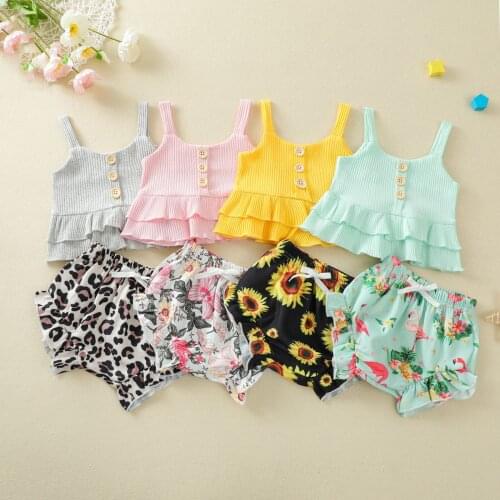 Sweeet New Baby Girl’s Summer Clothes Set Fashion Solid Color Ribbed Ruffles Suspender Tops+Leopard Triangle Shorts 2PCS Outfits