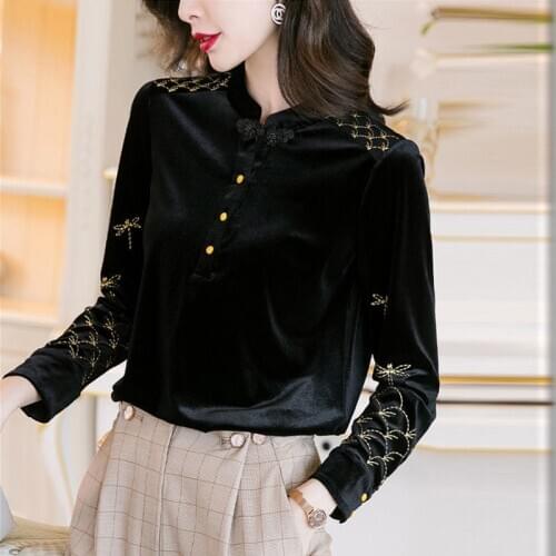 Women Spring Autumn Style Pleuche Blouses Shirts Lady Embroidery Long Sleeve Stand Collar Pleuche Blusas Tops DF0008