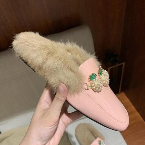 US4-13 Womens Real Rabbit Fur Backless Pineapple Pearls Leather Slipper Mule Slide Princetown Shoes Square Toe Mules Warm Plus