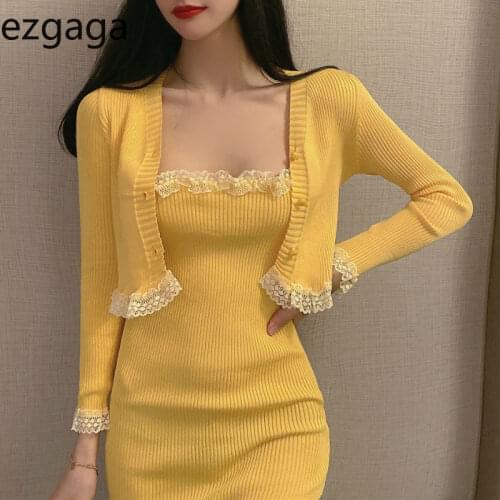 Ezgaga Two Piece Set Women Spring New Lace Patchwork Knitted Cardigan Sexy Spaghetti Strap Bodycon Dress Casual 2 Piece Outfits