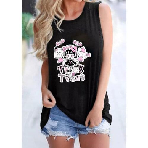 Trick or Treat kawaii girl Tank top Cute girl with ghost Gothic Style Sleevele Tee Women casual 90s aesthetic vintage top